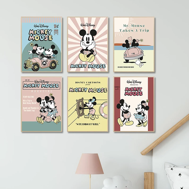 Disney Mickey Mouse Art Prints American Style Retro Posters Cute Mickey Minnie Canvas Painting Nursery Bedhead Pictures Decor