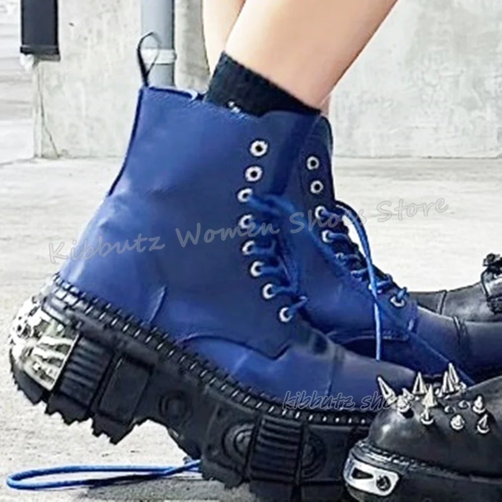 

Metal Decor Ankle Boots Platform Round Toe Height Increasing Lace-Up Fashion Novelty Sexy Concise Elegant Luxury Women Shoes New