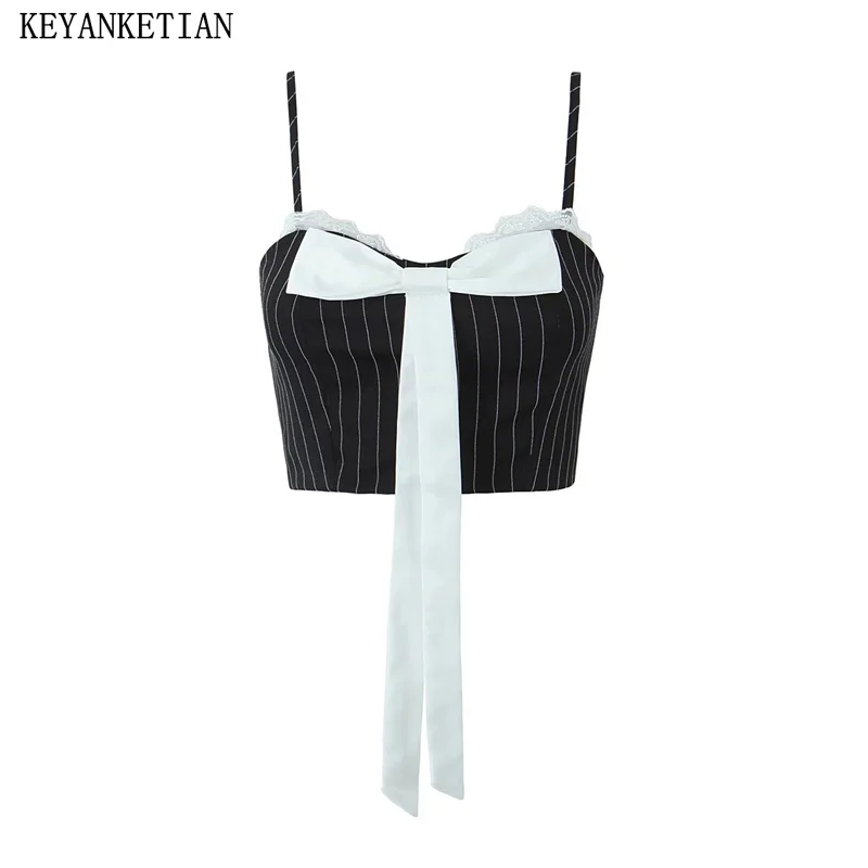 

KEYANKETIAN 2024 New Launch Women's Bow Decoration Striped Camis Tank Summer Y2K Hot sweet Backless Crop Top Camis Female Vest