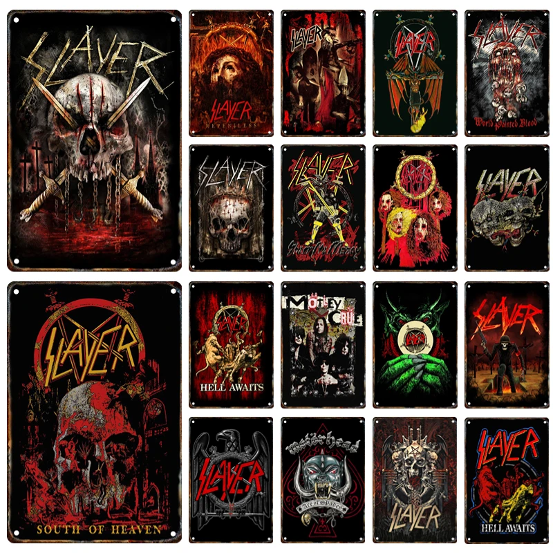 Letrero Metálico HD Vintage Slayer Heavy Metal - Decoración de Pared Retro con Diseño de Calavera de Banda Thrash Metal, Póster Metálico para Fanáticos de la Música Rock, Decoración para Cuarto de Hombre