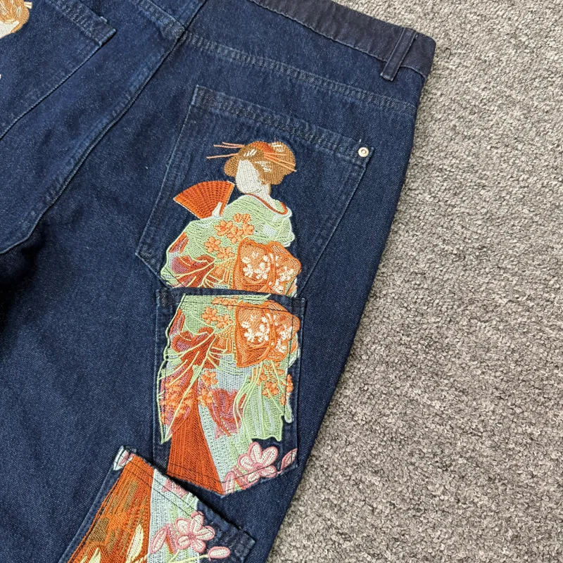 High Street Trendy Men's Derschutze Jeans New Heavy Embroidery Loose Straight Leg Pants Stock