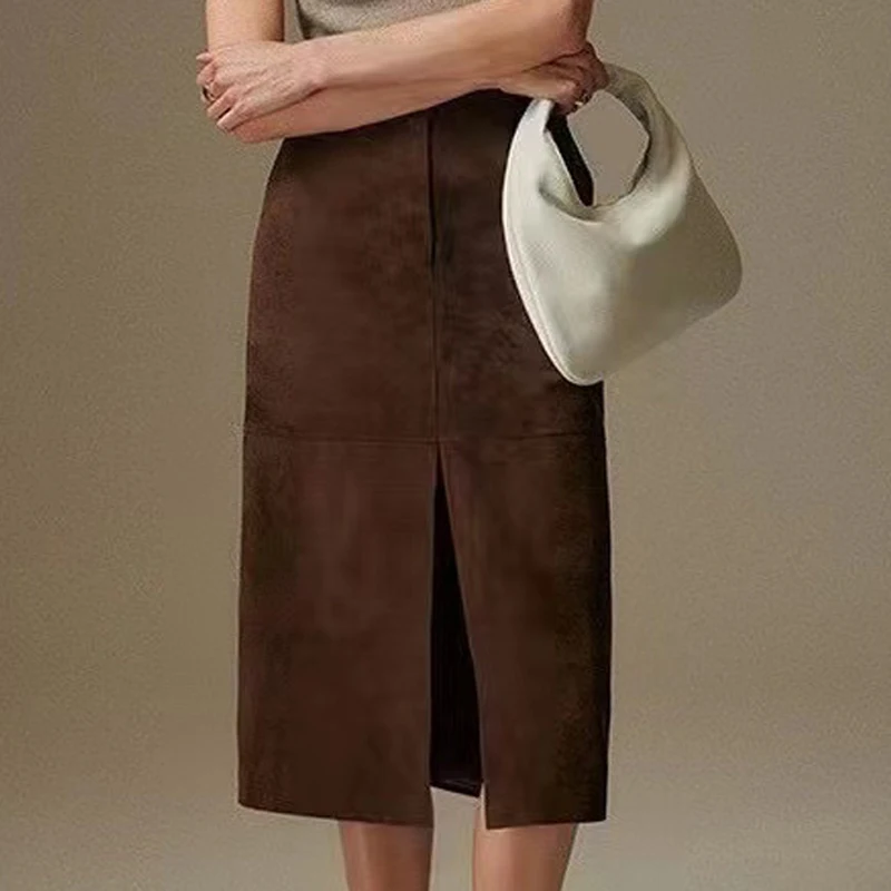 High Grade Kid Suede Leather Skirt For Women Winter New Old Money Upgraded Imported Suede Jupe Front Split Waist Loop Faldas