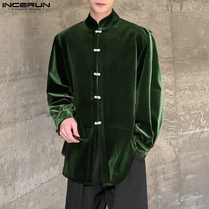 INCERUN, Tops sencillos de gamuza, camisas con diseño de hebilla Memtal elegante, superventas, blusa informal de manga larga con cuello levantado sólido para hombre, S-5XL