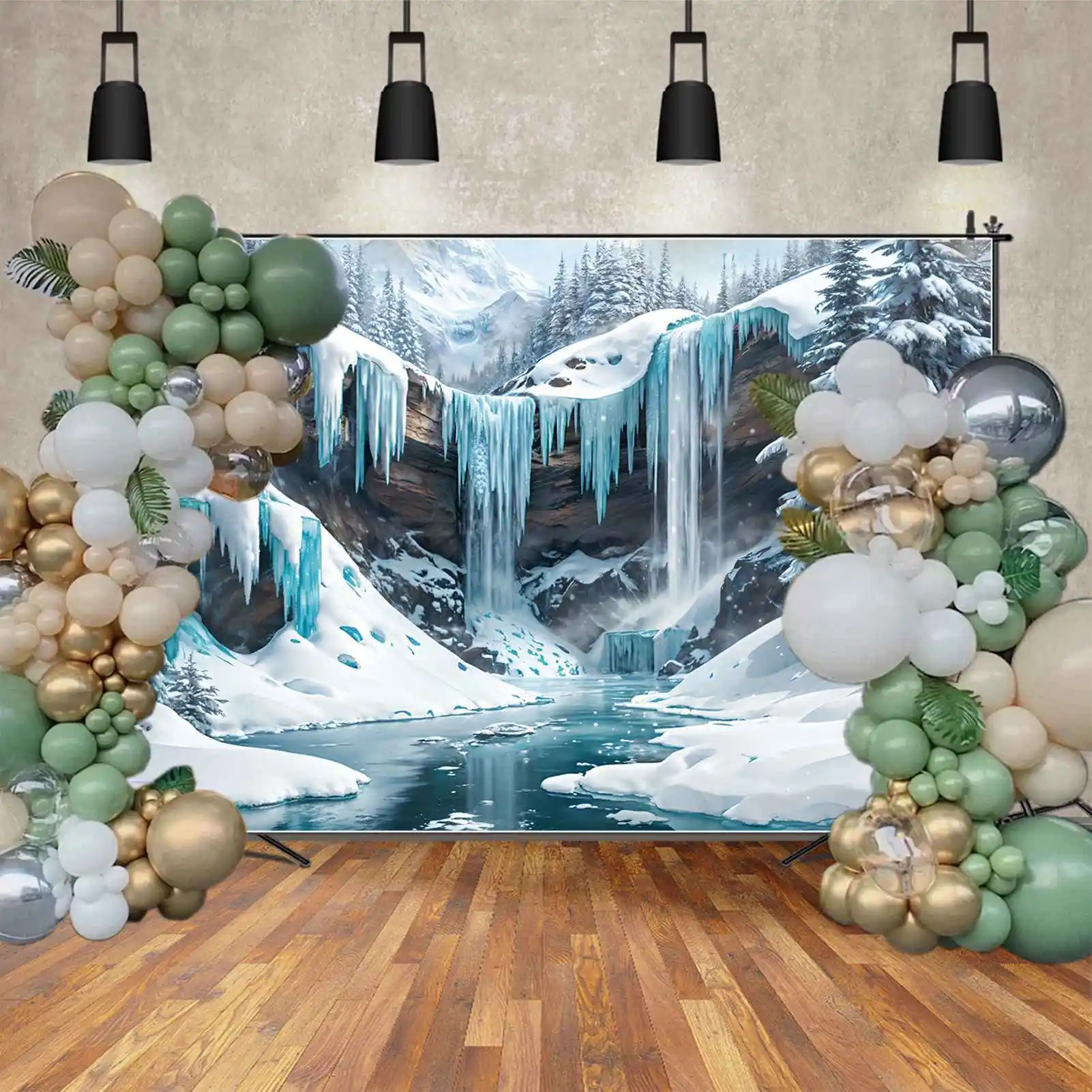 Telones de fondo de cascada congelada para niños, fondos fotográficos personalizados, paisaje azul, banderines
