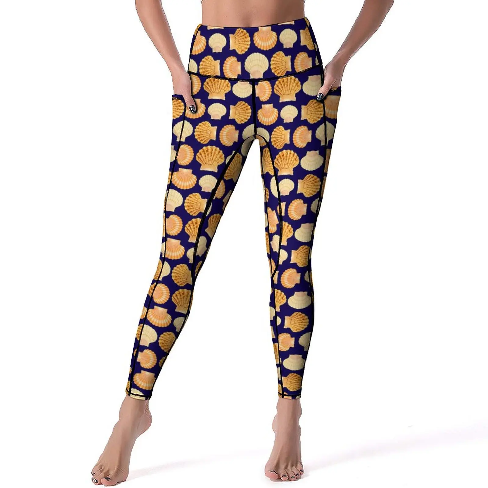 Vieira Conchas Fitness Leggings com bolsos, Calças de Yoga de cintura alta, Calças justas elásticas esportivas, Leggins Design engraçado, Animal Sexy Print