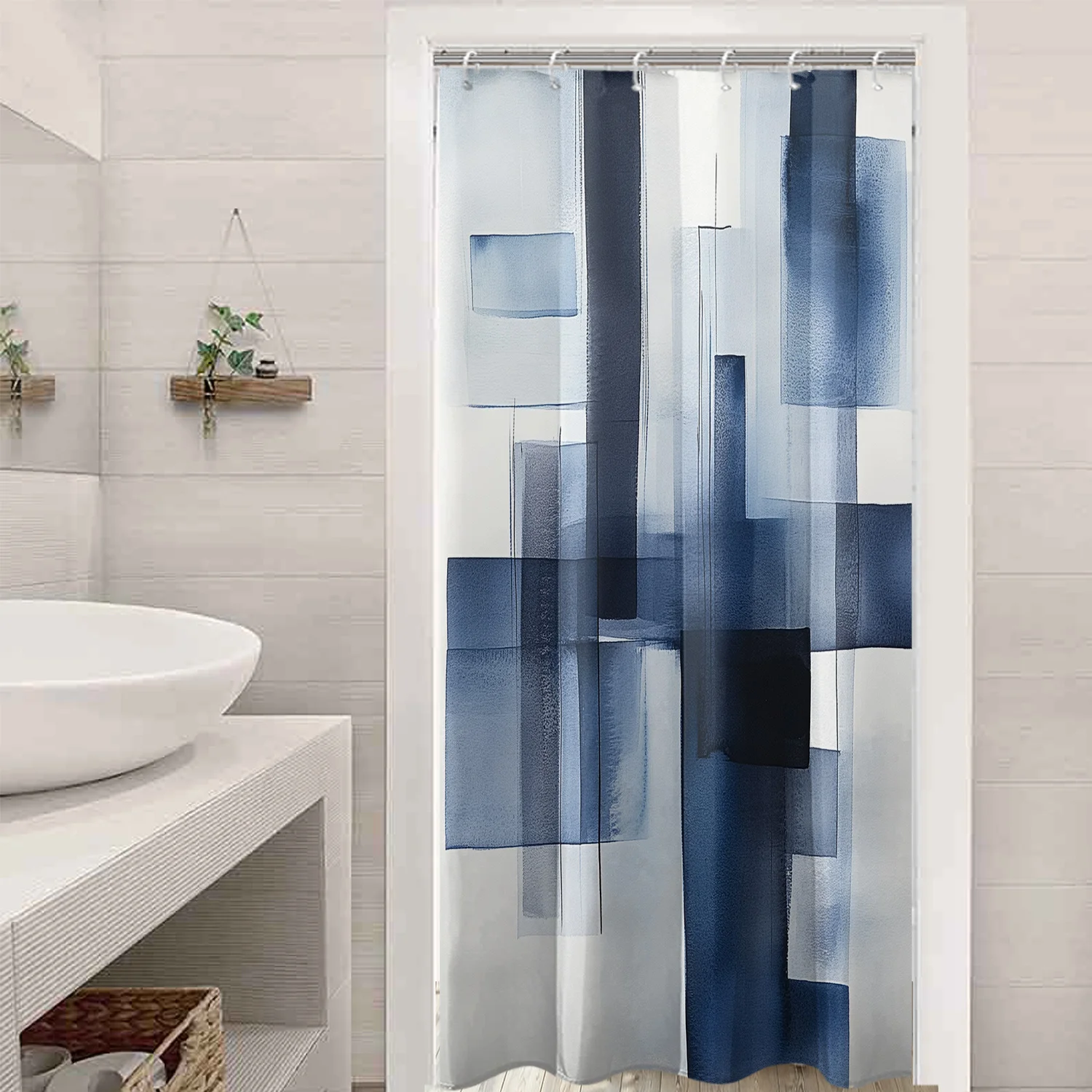 blue geometric abstract print shower curtain european modern minimalist home decor with plastic hooks machine washable