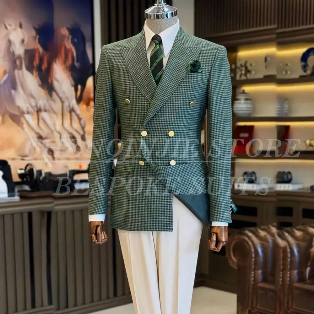 

SILIWEYA Customzied Houndstooth Suits for Men 2025 High Quality Double Breasted Peak Lapel 2 Piece Jacket Pants Sets Outfits