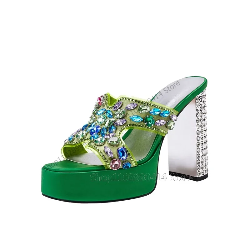 الملونة كريستال أخضر أحمر المفتوحة تو منصة النعال الانزلاق على أحذية النساء كعب عالي مكتنز موضة جديدة 2023 Zapatos Para Mujere