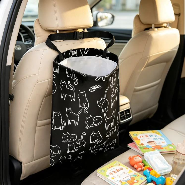 1-Piece Cat-Patterned Car Trash Bag, Designed for Hanging on the Back Seat, Suitable for Camping and Travel, Featuring a Black Cat Pattern
