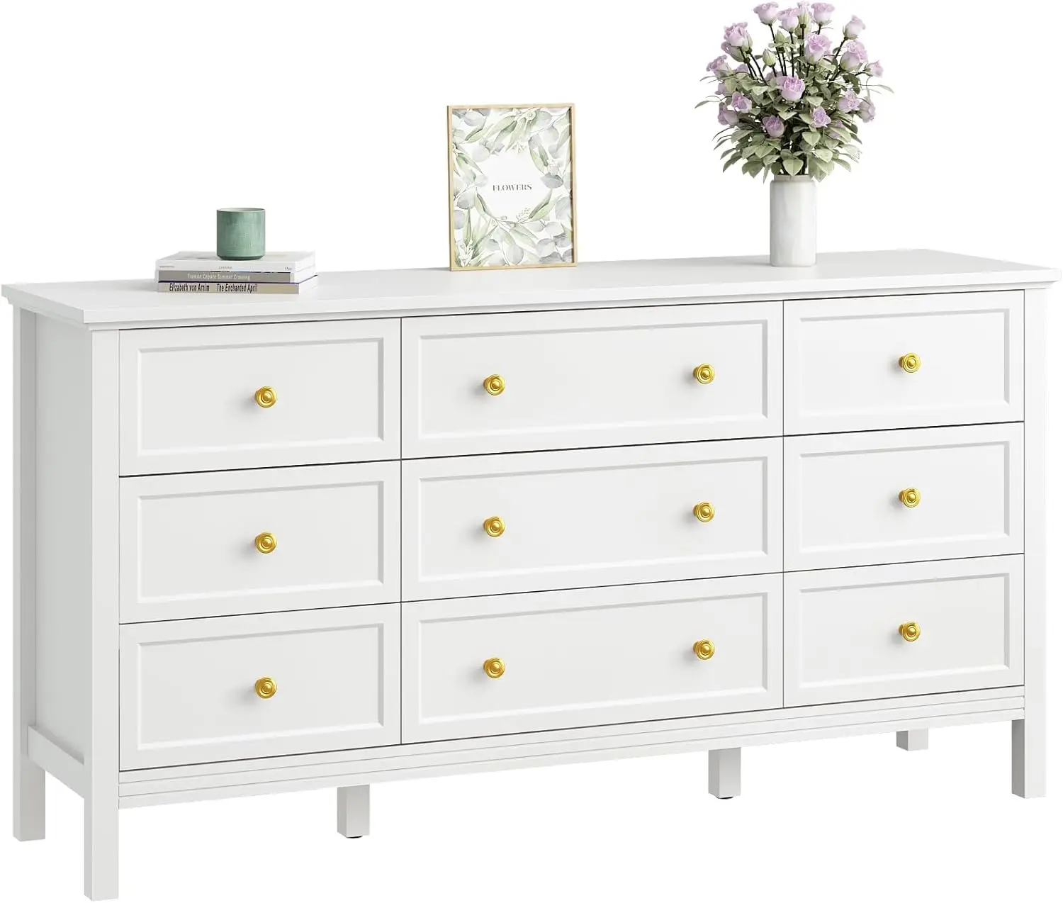 9 Drawer White Dresser for Bedroom with Deep Drawers, Large Dressers & Chest of Drawers With Gold Handle, Modern Long Dressers