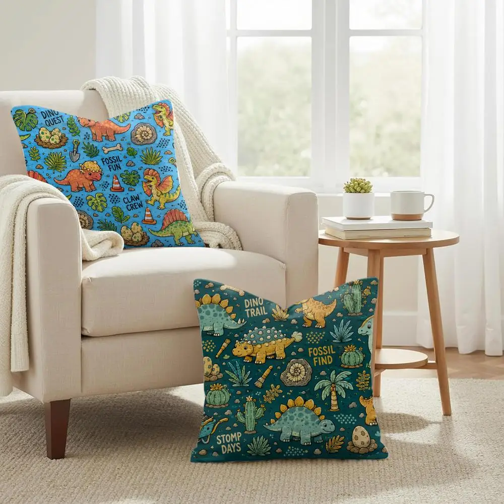 Cute Dinosaur Pattern Cushion Cover Summer Coolness Linen Organic Fabric Sofa Pillow Case Double-Sided Printing Home Decor