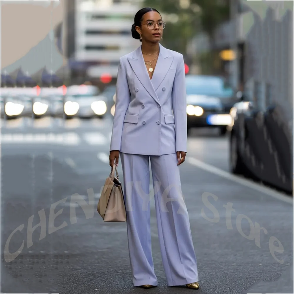 High End Two Pieces Suit For Women Lavender Double Breasted Straight Fit Elegant Lady Wedding Interview Formal Pant Sets