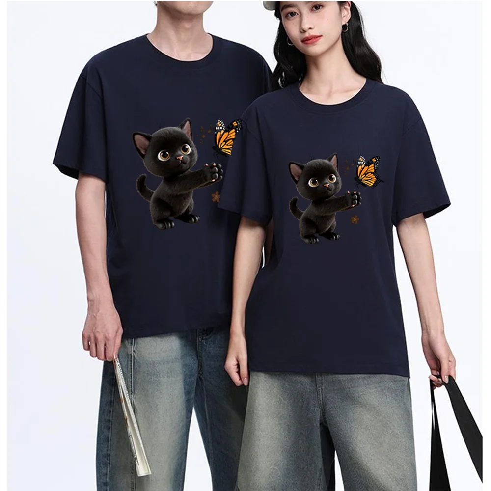 Cute Black Kitten Butterfly Printed T Shirt Breathable Fabric S-XXL Personalized Custom Casual Short Sleeve Tee Aesthetic Graphi