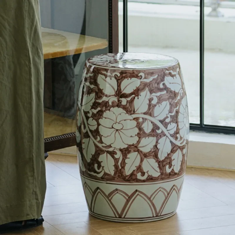 Hand Drawn Drum Stool Hand-painted Ceramic French Chinese Style Sitting Room Changing Shoes Seat Puffs Ottoman Footrest Dresser