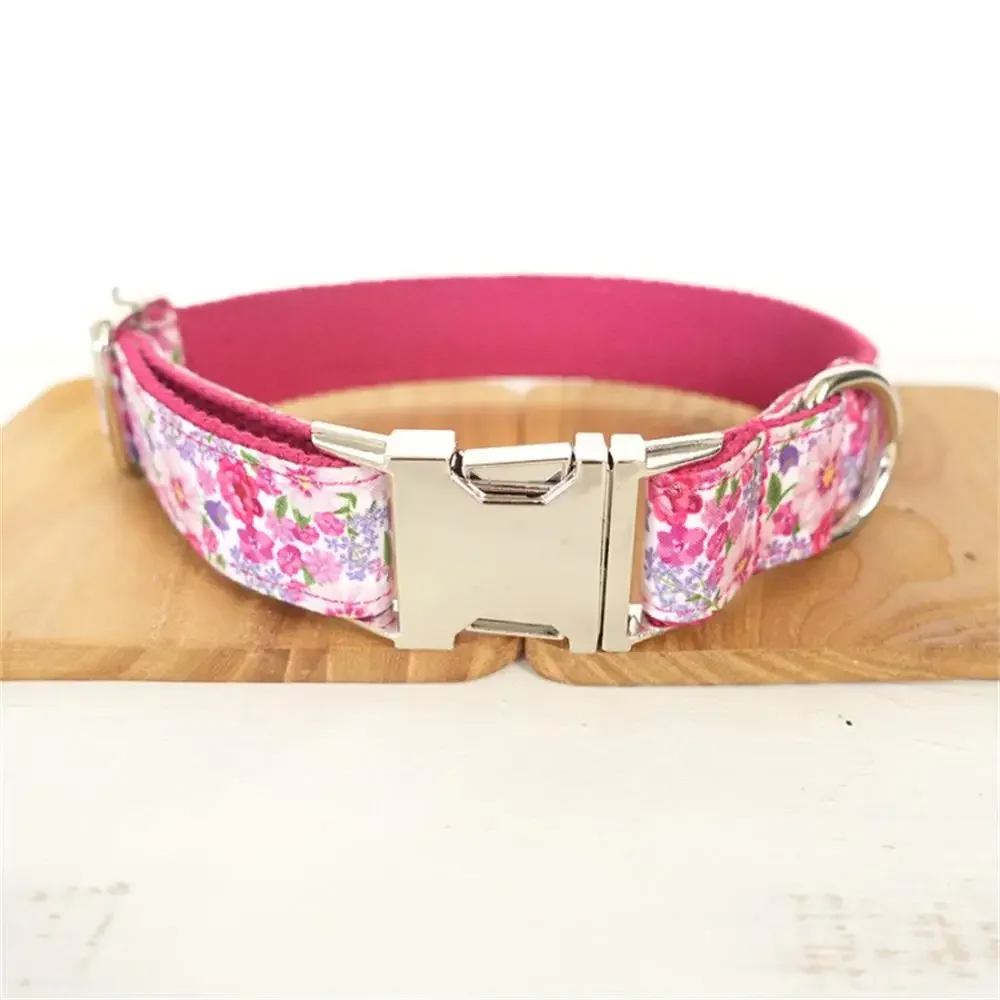 Personalized Pet Collar Customized Nameplate ID Tag Adjustable Pink Flower Cat Dog Collars Lead Leash