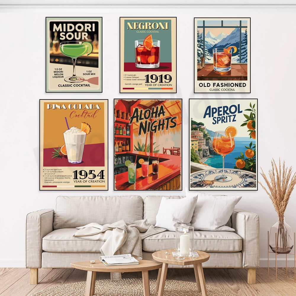 Strawberry d'Igniter, espresso martini, mojito, coconut tart, Negroni, white Russian cocktail recipe, medieval bar decor poster.