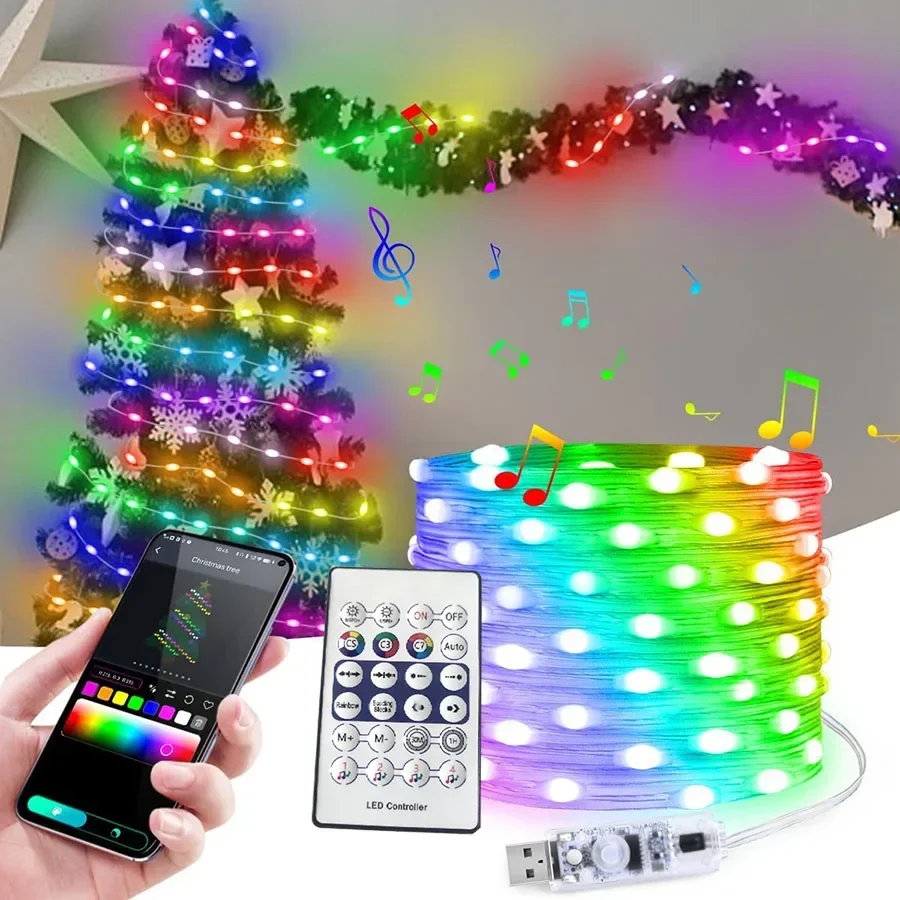 10M 20M 40M USB Powered Smart App Fairy Lights With Remote Outdoor RGB App Christmas Tree String Light For Wedding Party Decor