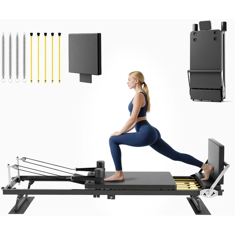 

Машина-реформер для пилатеса 91, складная с прыжком и проволочными пружинами для домашнего спортзала, черная