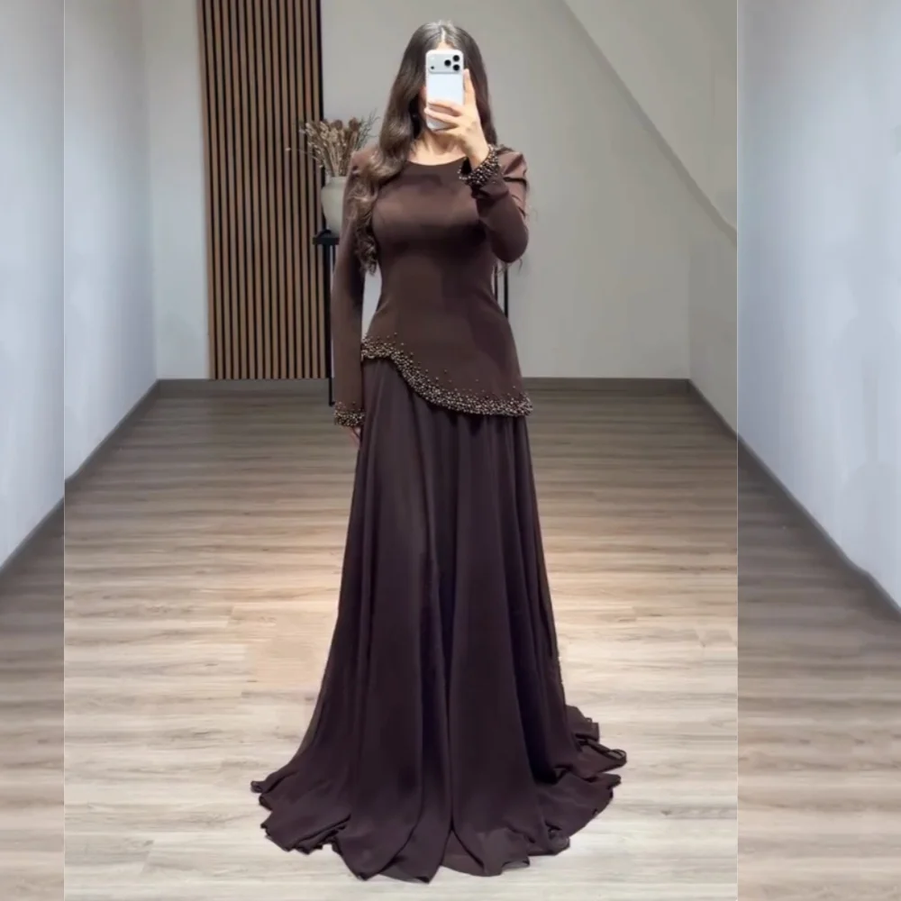 

Customized Elegant Beading O-Neck Long Sleeves A-line Floor-length Vestidos De Fiesta Bespoke Occasion Women's Evening Dress