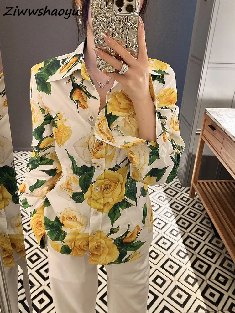 

High Quality Summer Women Fashion Runway Designer Cotton Lantern Long Sleeve Yellow Floral Printed Loose Shirts Blouses