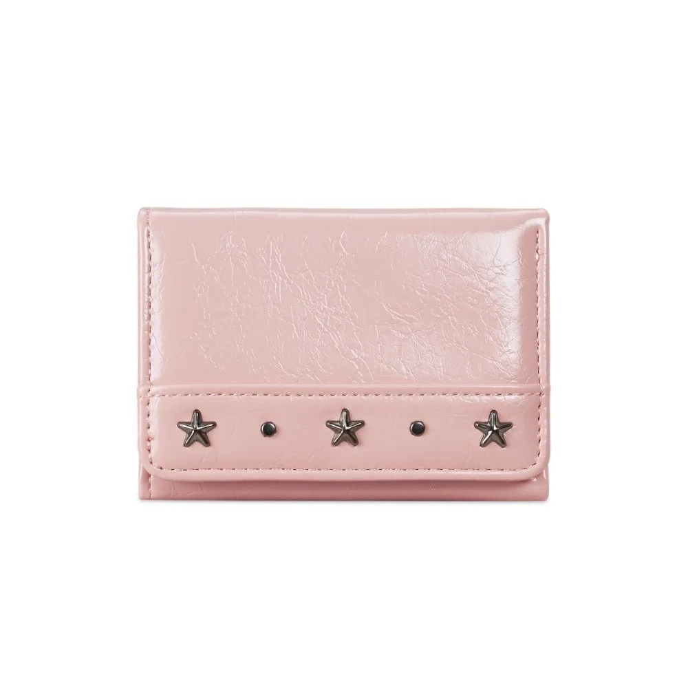 Y2K PU Star Rivet Trifold Wallet Compact Size Multiple Slots Coin Pocket Ultra Thin Solid Color Card Holder Portable Carry