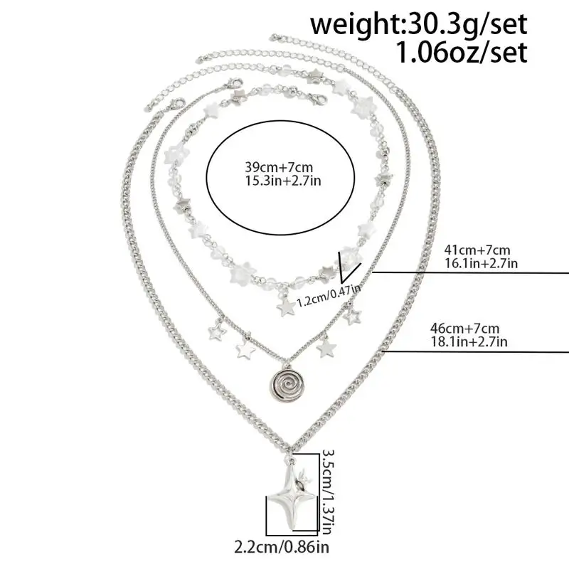 Y2K Punk Rock Silver Vortex Star Pendant Layered Necklace Durable Chain for Men Women Hip Hop Street Wear