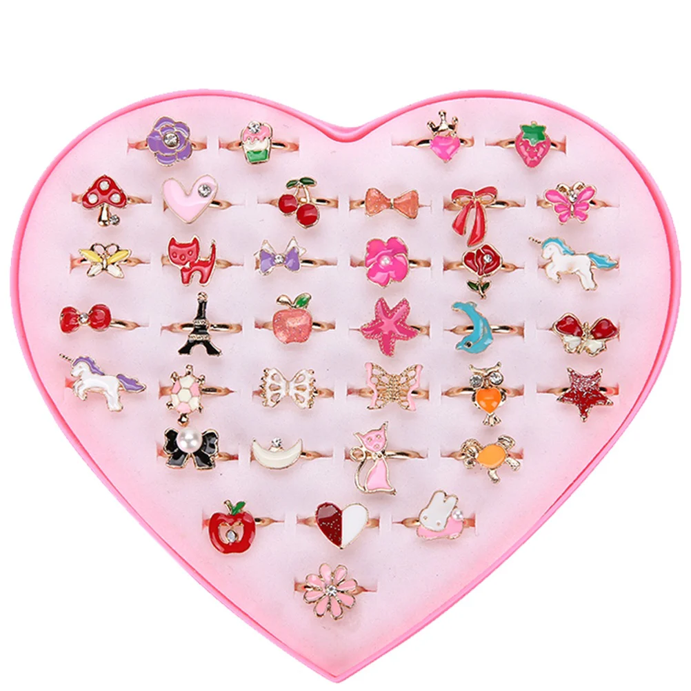 36pcs Alloy Cartoon Rings Lovely Jewelry Toys Gift Party Favors for Children Girls Mixed Patterns and Colors