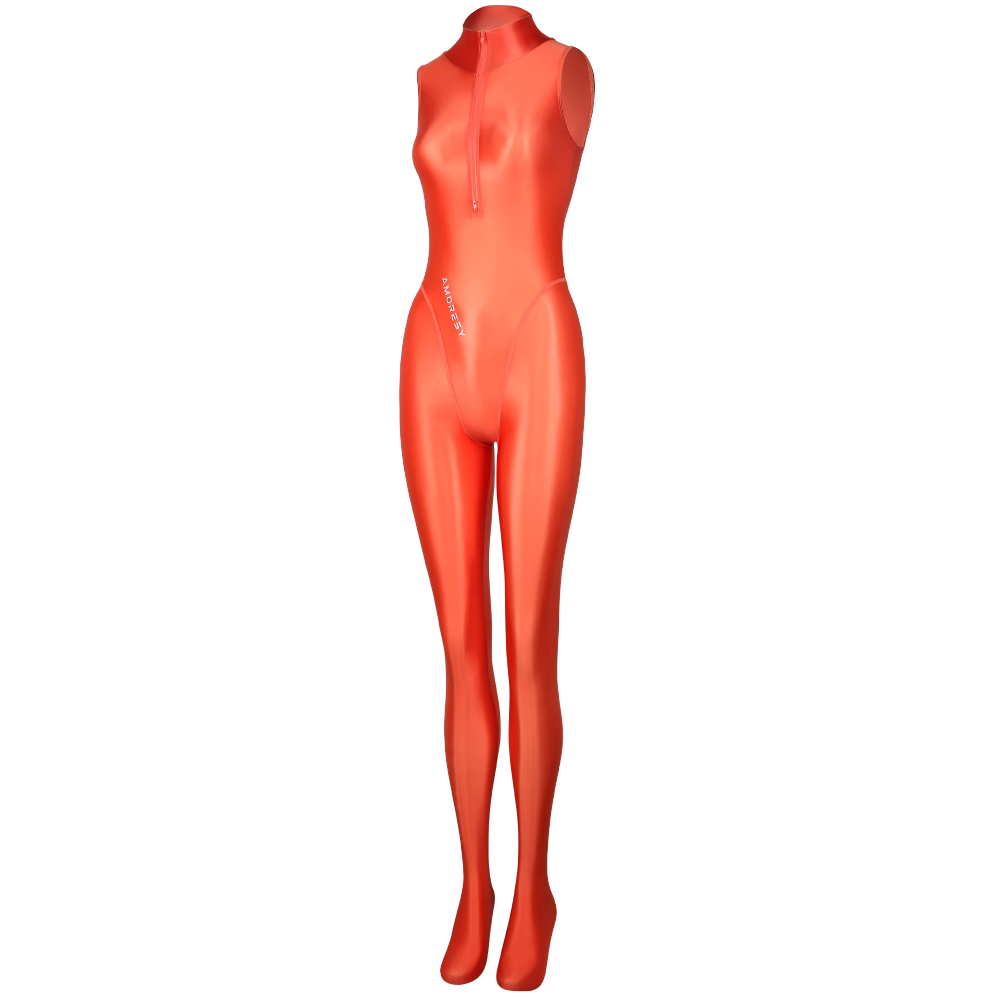 AMORESY dünner, glänzender, ölglatter, bidirektionaler Frontreißverschluss-Jumpsuit, einfarbiger, hochgeschlossener, ärmelloser Badeanzug – Detail 17