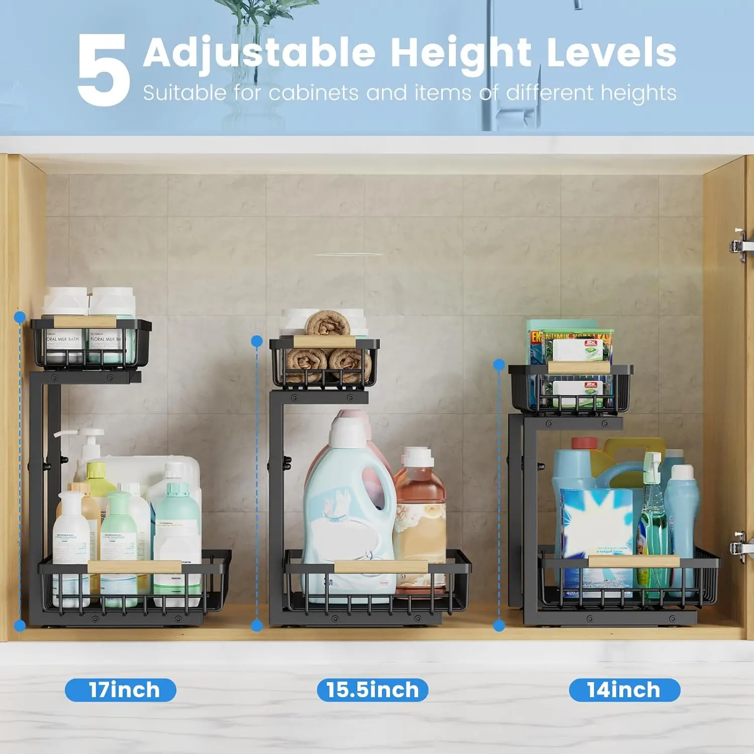 

Under Sink Organizer 2 Pack, 2 Tier Upgraded Slide Out Under Sink Storage, 5 Height Adjustable Pull Out Cabinet Organizer