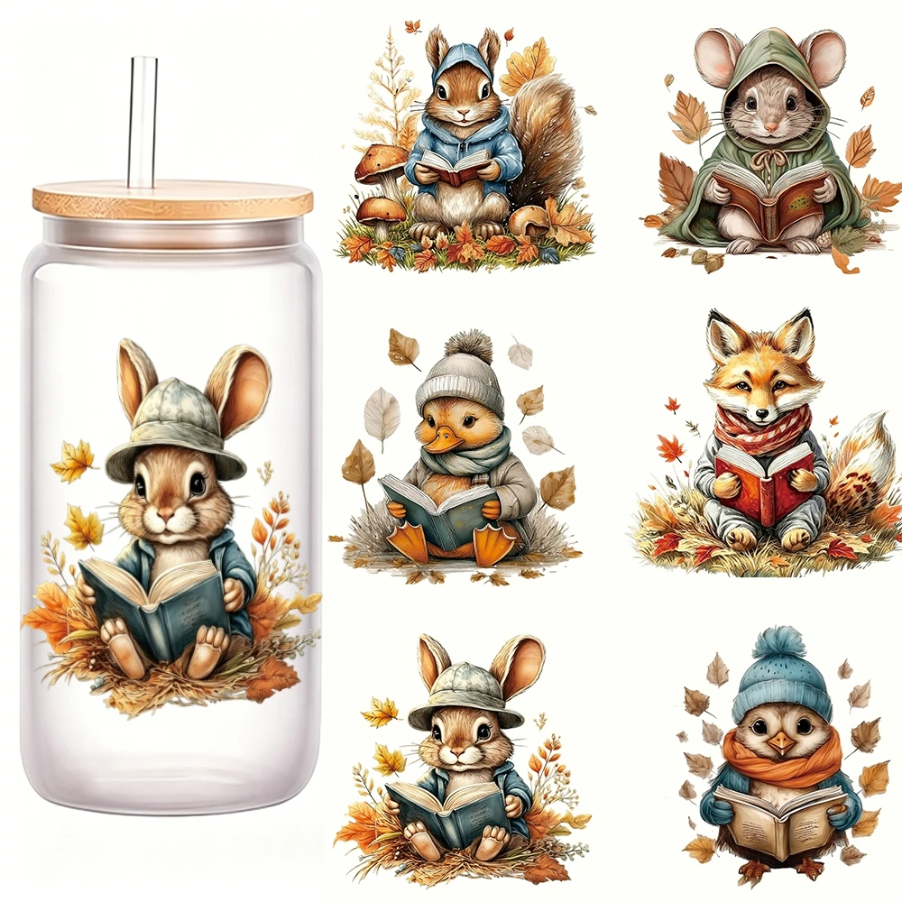 6pcs Reading Hamster Fox Rabbit 3D Sticker UV DTF Cup Wrap Mixed Design Animals 3D Transfer Stickers For Tumbler Glass Permanent