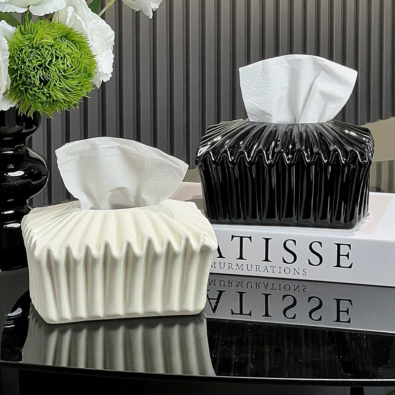 

European Style Ceramic Bag Tissue Box Black White Napkin Storage Tube about Living Room Office Striped Tissue Box Home Ornaments