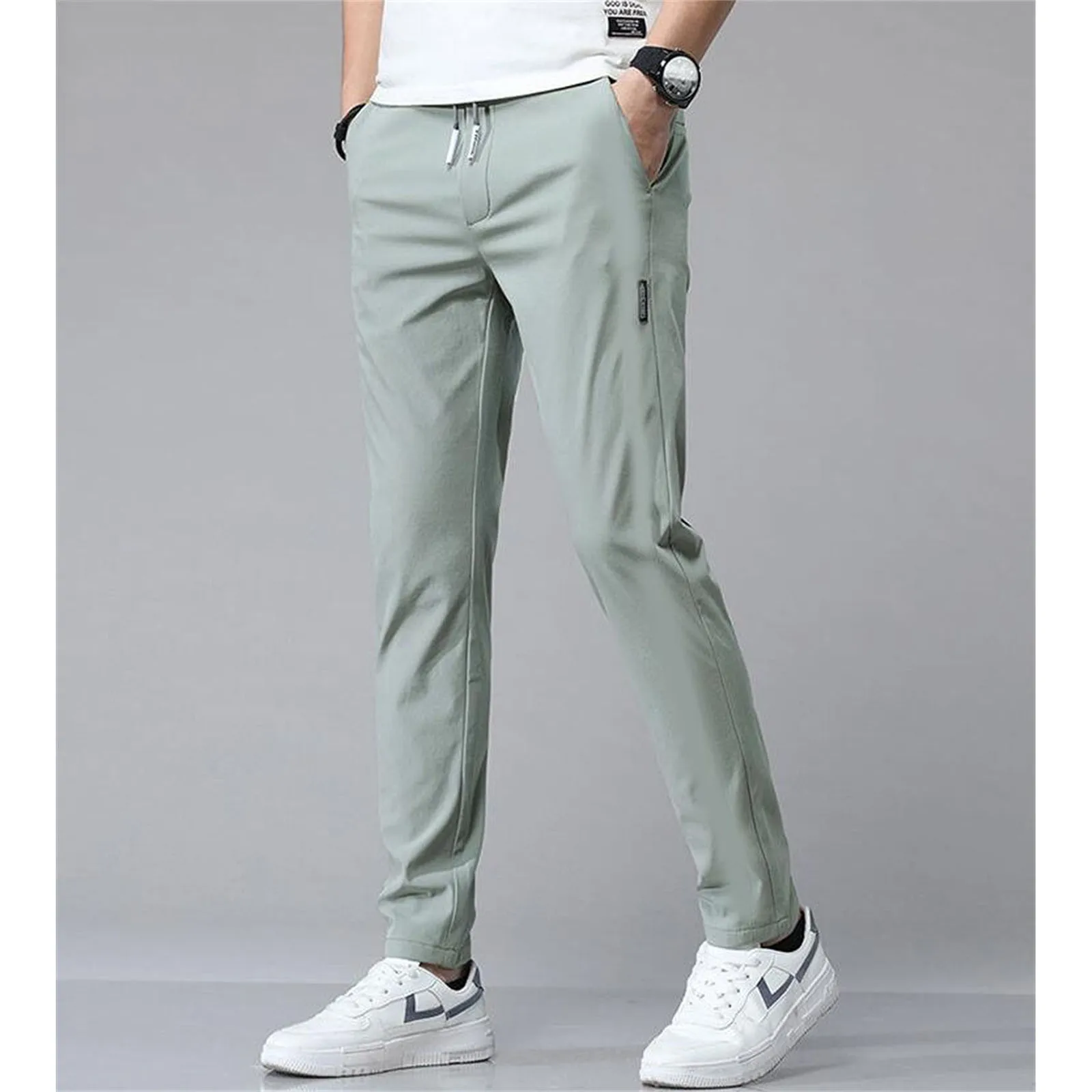 Pantalones de seda de hielo para hombre, pantalón informal, recto, suelto, elástico, estilo fino, secado rápido, deportivo, transpirable, para jóvenes, verano, 2024