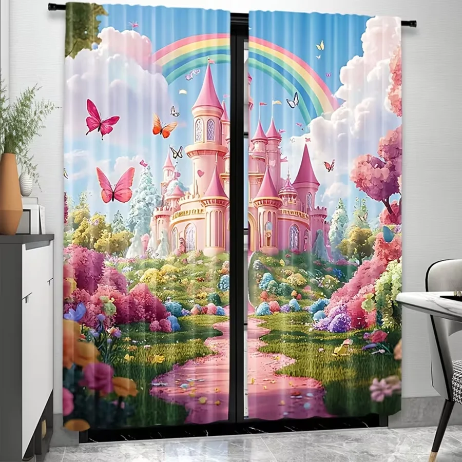 2pcs Pink Princess Castle Curtains Rainbow and Butterflies Window Drapes Fairy Tale Fantasy Kids Bedroom Girls Room Decor