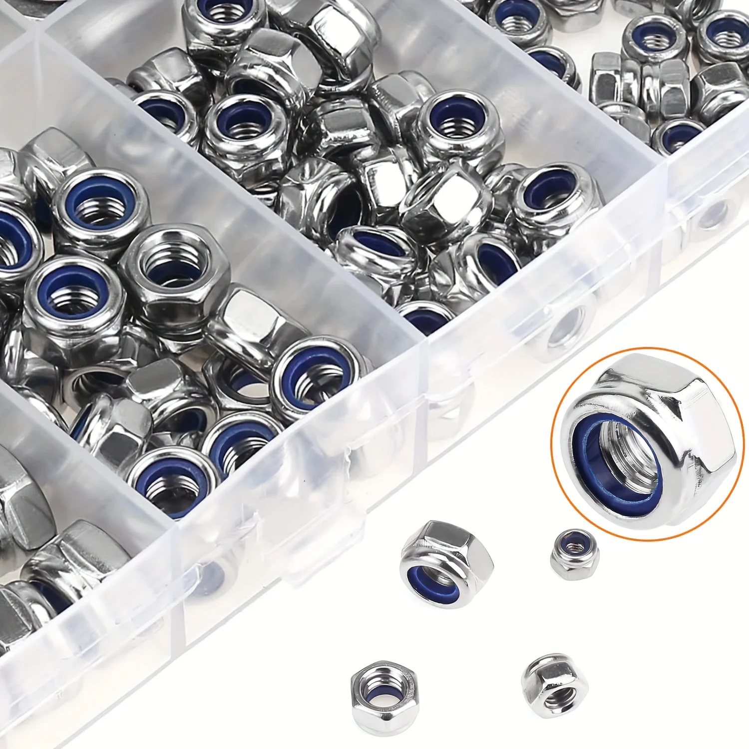 230pcs Grade A Stainless Steel Lock Nut Set with Nylon Inserts, Fully Threaded, Right Hand Thread, Anti-Loosening Design