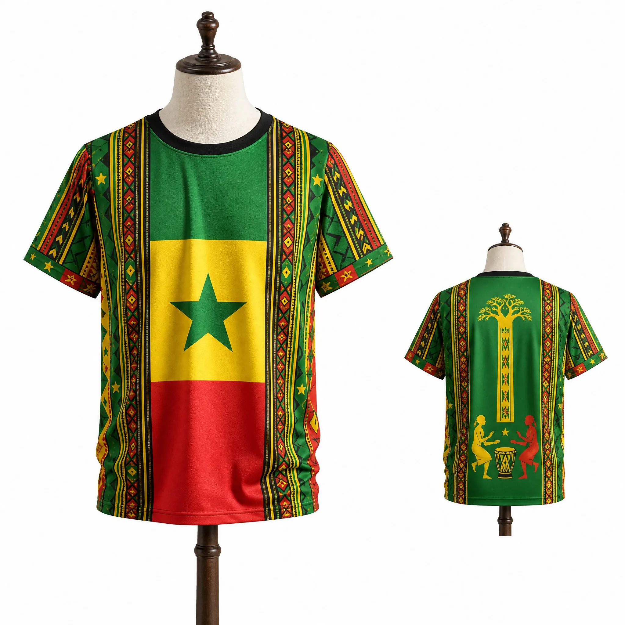 Senegal Mens Flag Panel Baobab Graphic Tee Green Short Sleeve Fan Shirt Street Stadium Casual Heritage Pride Top All Day Comfort