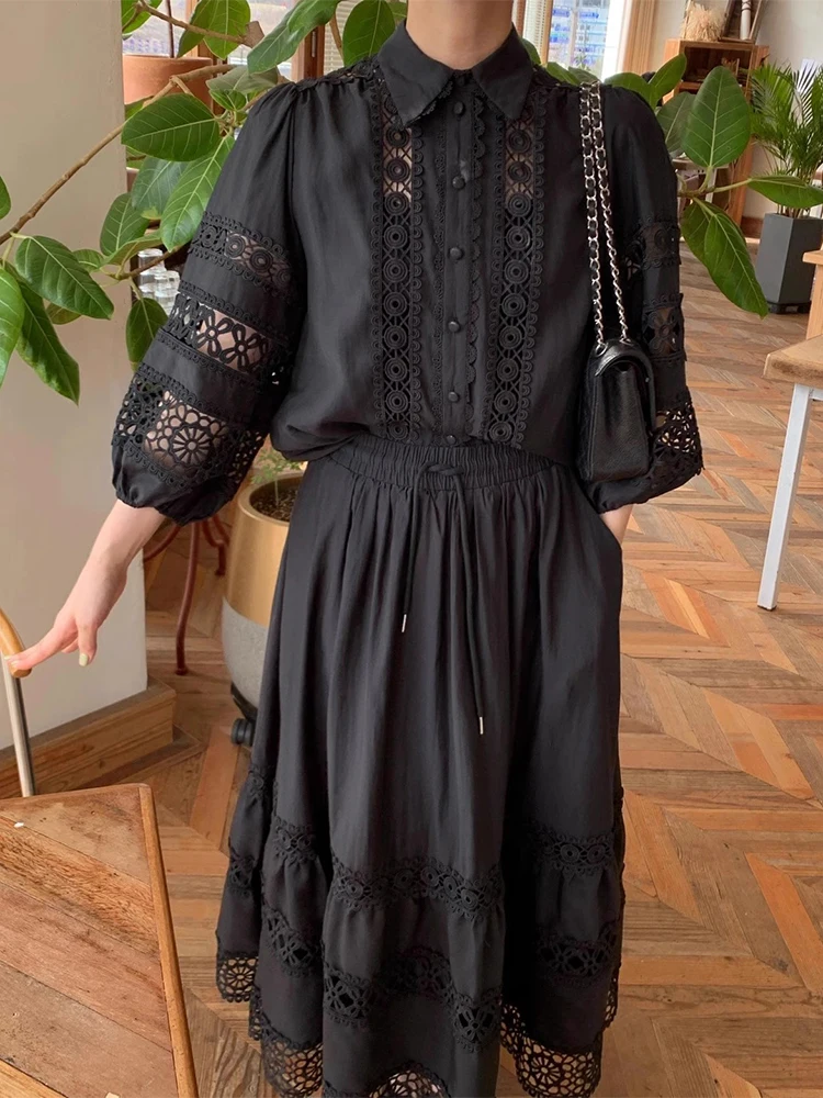 

Dongda Gate Spring Vintage Court Sle Lace Lantern Sve irt High Waist A-Line Skirt Set Women's Faion Ensemble
