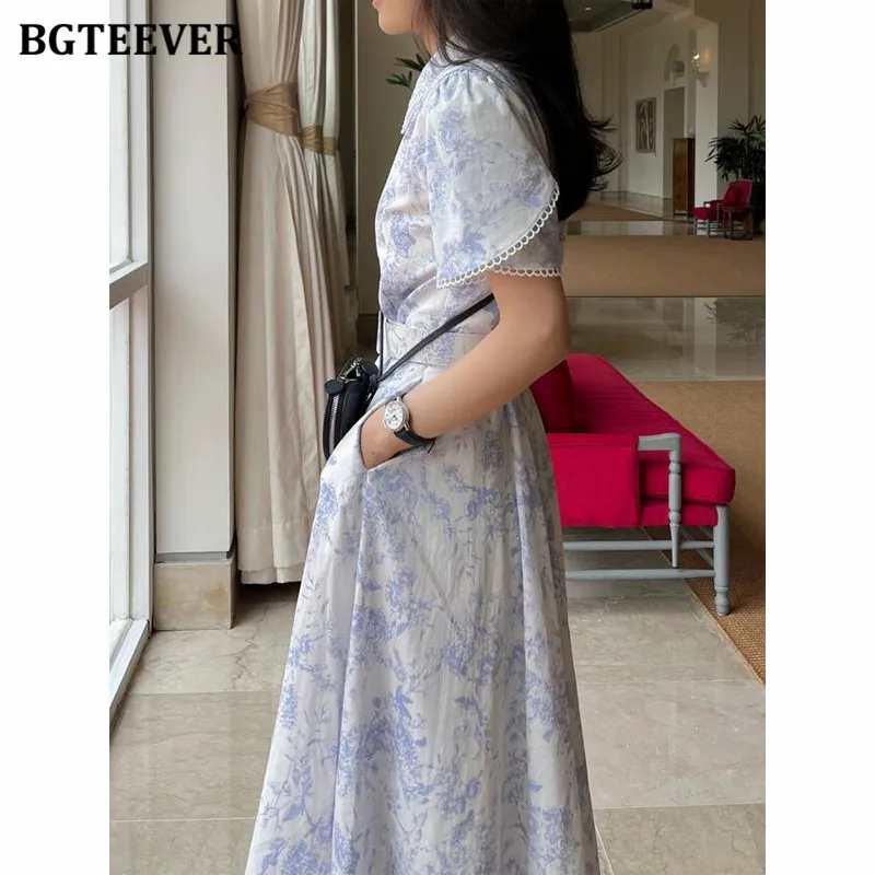 BGTEEVER Elegant Lapel Floral Printed Dress for Women Vintage Short Sleeve Belted SlimWaist  A-line Dress Female Summer Vestidos