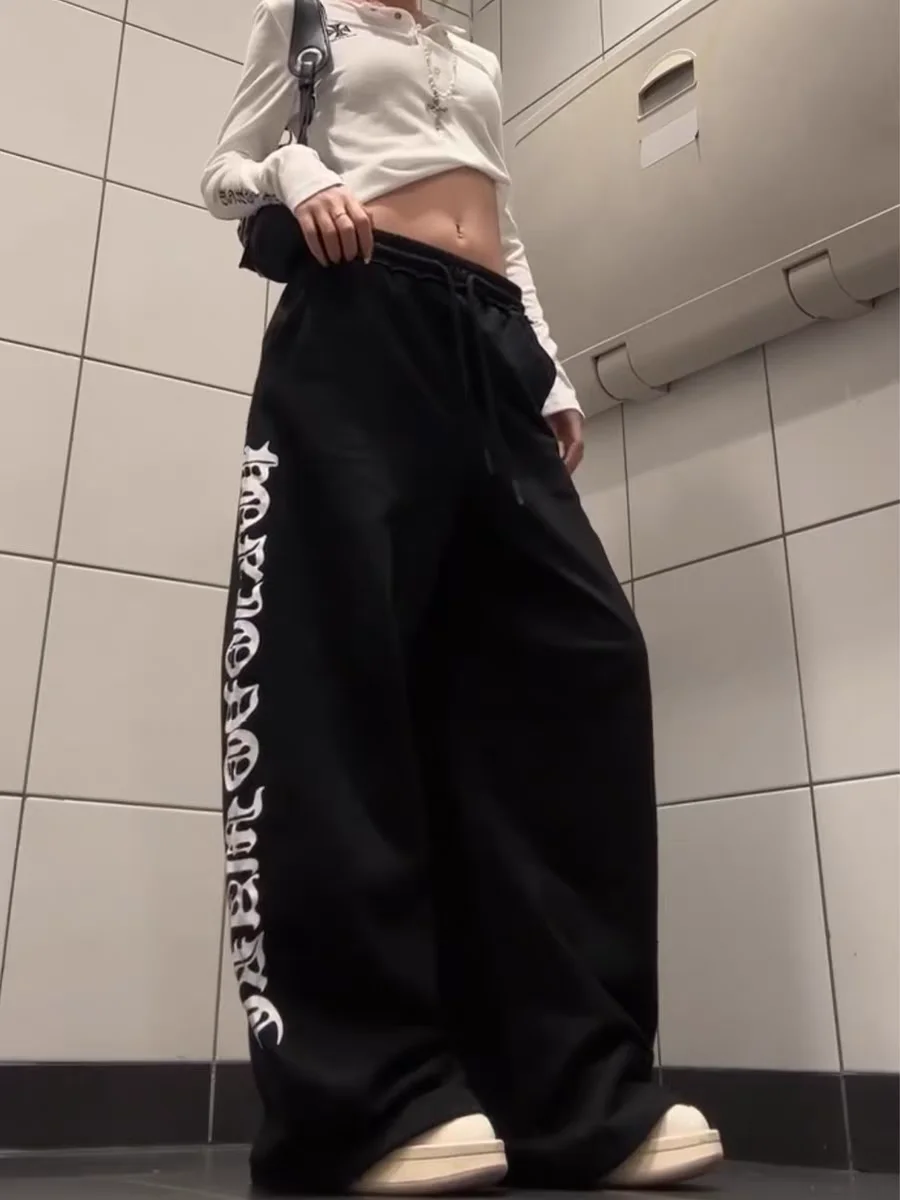 American hiphop carta impressão calças casuais das mulheres de cintura alta retro rua jazz dança perna larga moletom solto ajuste