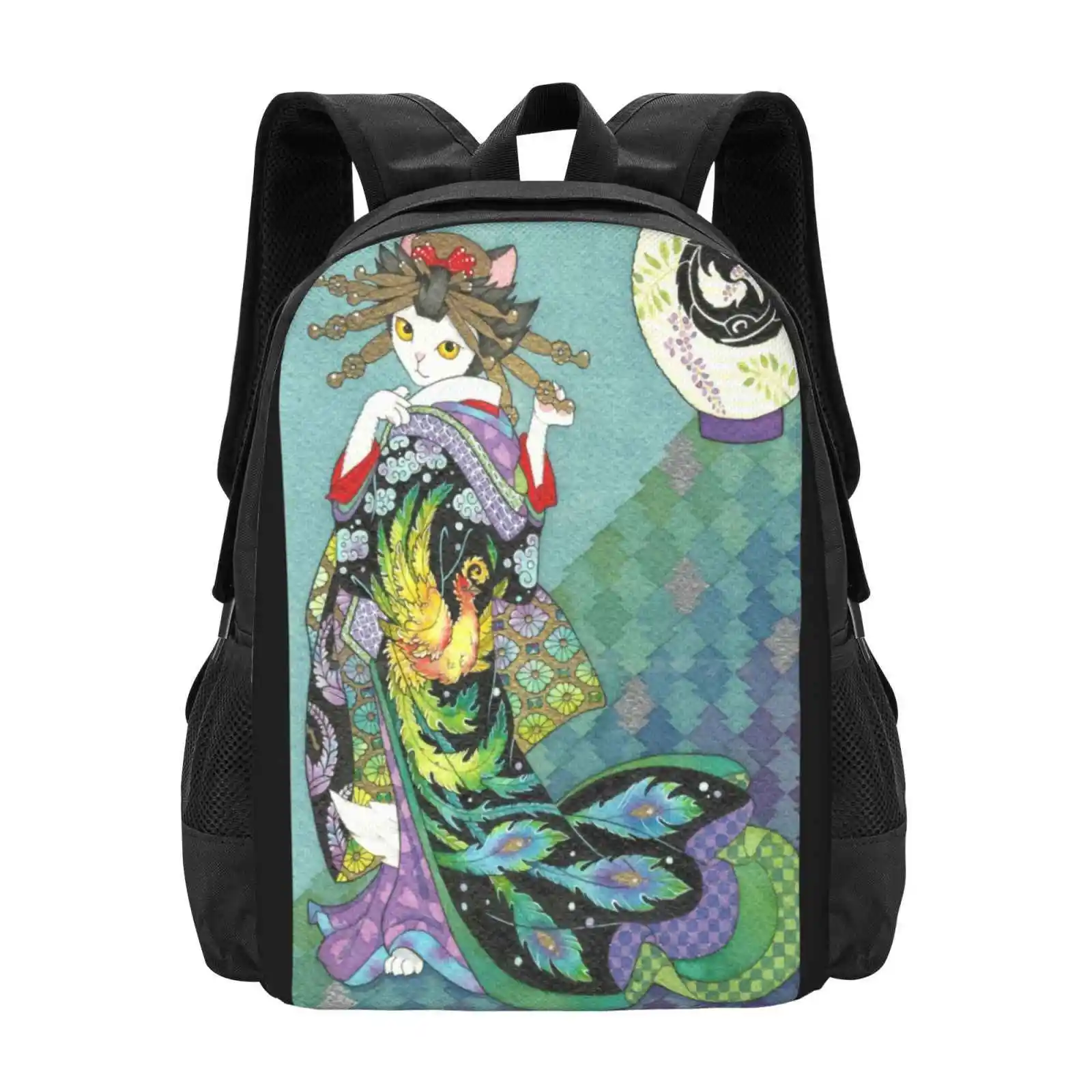 Phoenix Uchikake Kimono Kitty Pattern Design Bag Student'S Backpack Cat Kimono Japanese Uchikake Kawaii Neko Courtesan Kanzashi