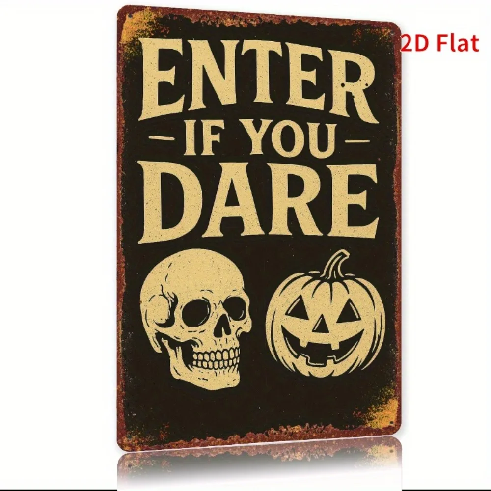 Pancarte métallique vintage « Enter If You Dare » Crâne Citrouille, Décoration murale rétro effrayante pour Halloween