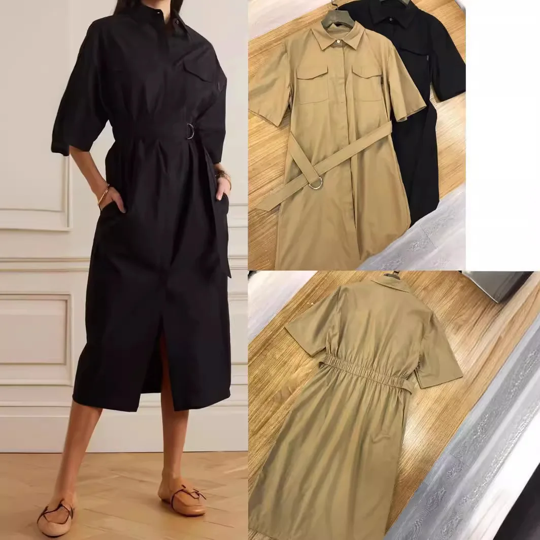 

Maxi Dress for Women 2024 New Spring Summer Bead Chain Turn Down Collar Single Breasted Casual Robe with Belt