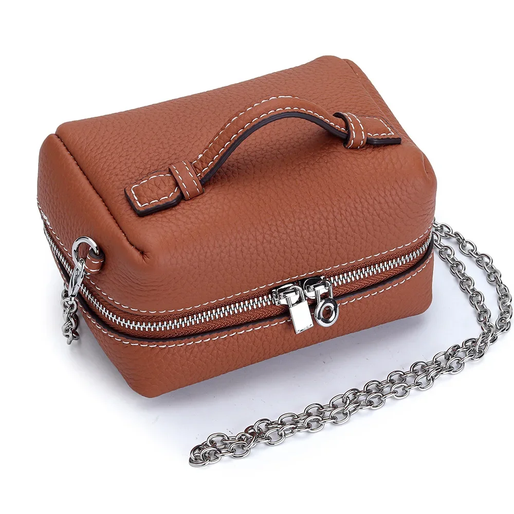 Luxury Genuine Leather Women's Mini Crossbody Bag Chain Strap Zipper Lock Closure Handheld Stylish Toiletry and Makeup Bag