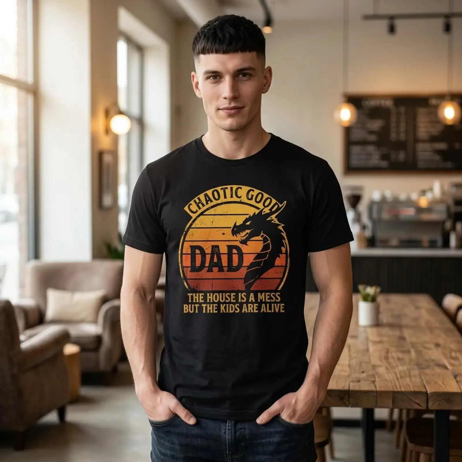 T-shirt « Chaotic Good Dad » : La maison est en désordre, mais les enfants sont en vie – Citation amusante pour parents de joueurs de jeux de société – Style vintage délavé et élégant