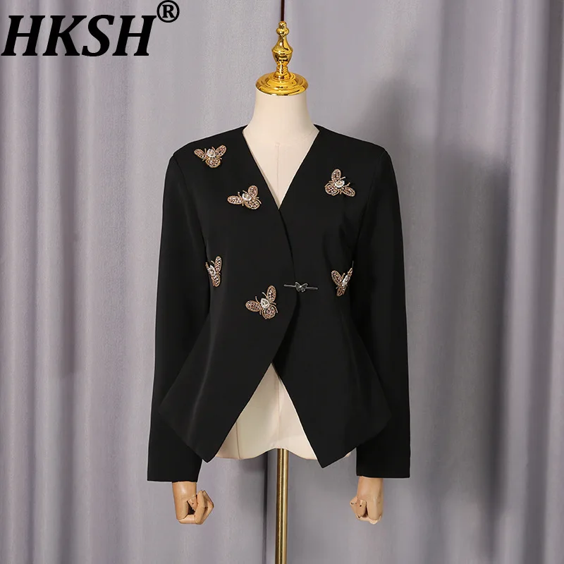 

HKSH Spring Autumn New Women Blazer V-neck Single Button Studded Diamonds Long Sleeves Fashion Elegant High-End Ins Coat HK16739