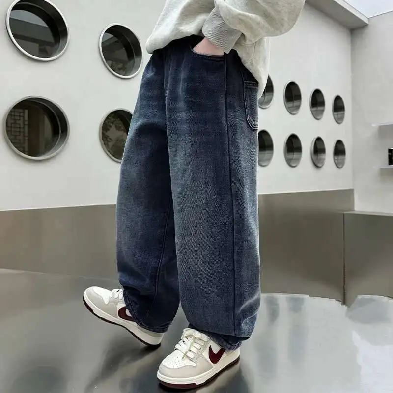 

Ковбойские осенне-зимние термоджинсы для больших мальчиков, уличные джинсовые брюки, детские синие теплые мешковатые утепленные джинсы в стиле ретро, брюки для детей