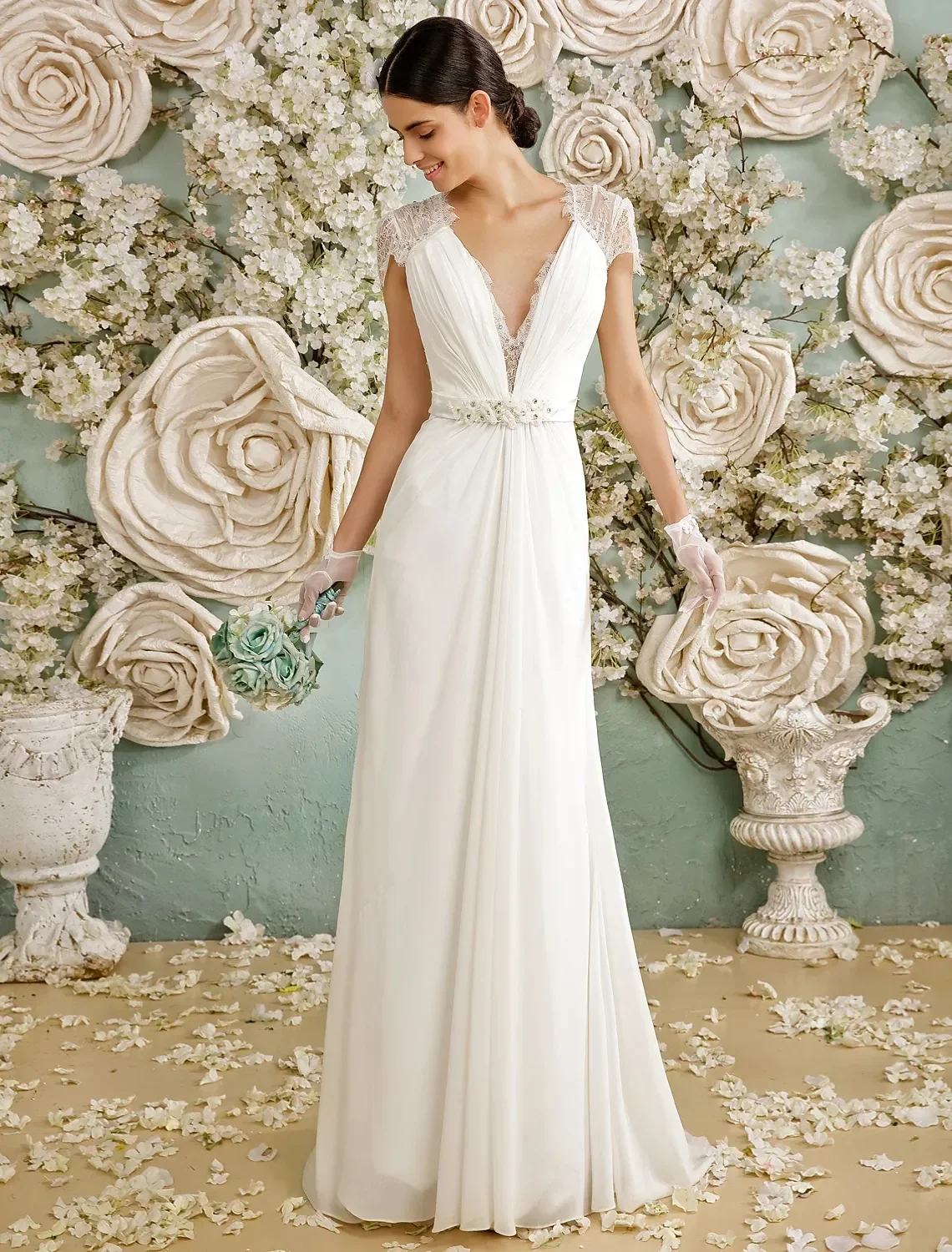 

Wedding Dress 2026 Bridal Gown V Neck Sweep Train Chiffon Sheer Lace Short Sleeve Beads Casual Vintage See-Through