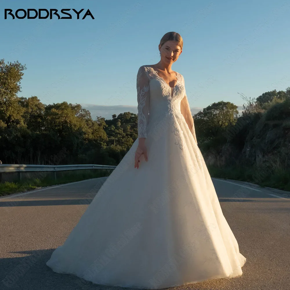 RODDRSYA Boho Illusion Wedding Gowns 2024 A-Line V-Neck Long Sleeves Bride Gowns Button Back Applique Tulle Bridal Dress