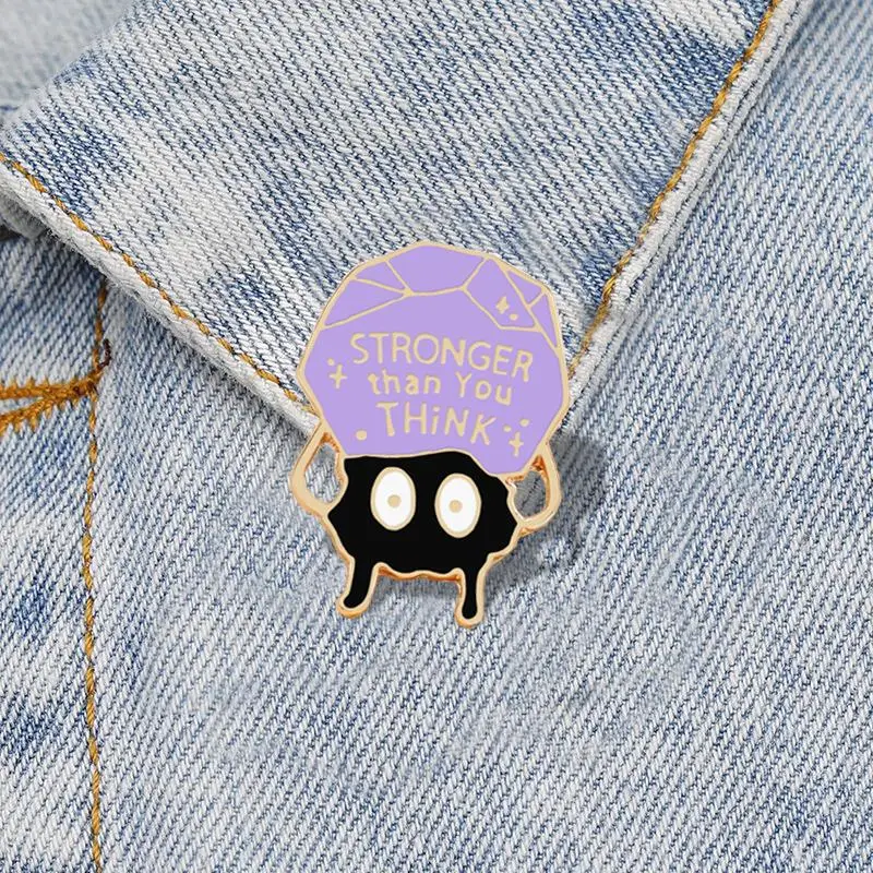 Anime Dust Elf Fashion Enamel Lapel Pins Positive Quotes 'Stronger than you think' Black Coal Worm Brooch Badge Kids Bag Jewelry