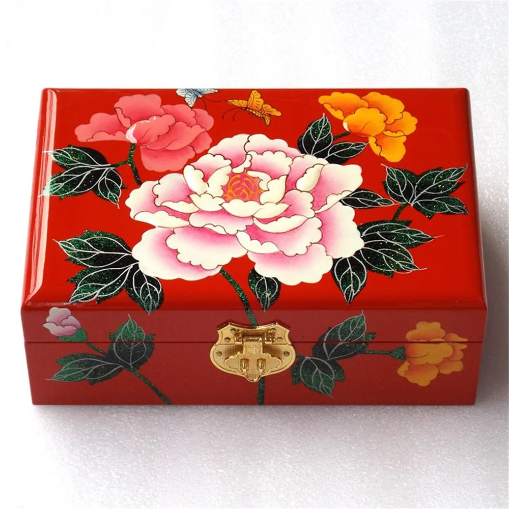 

Chinese Retro 2 Layer Wood Storage Box Flower Painting with Mirror Earring Organizer Display Jewelry Boxes Wedding Bride Case