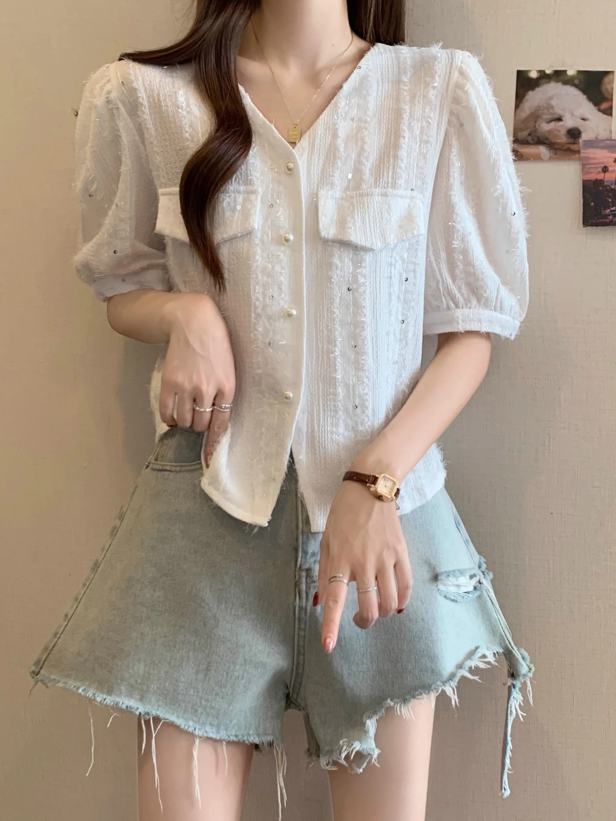 iny V-ne ort Sve irt Mujer Tallas grandes Verano Faion Age-defng Glitter European Sle Top Coreano Loose Fit Bubb...